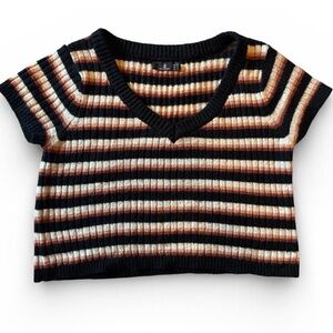 Volcom Striped Ribbed Knit Short Sleeve Sweater Top Black Brown Cream Womens L